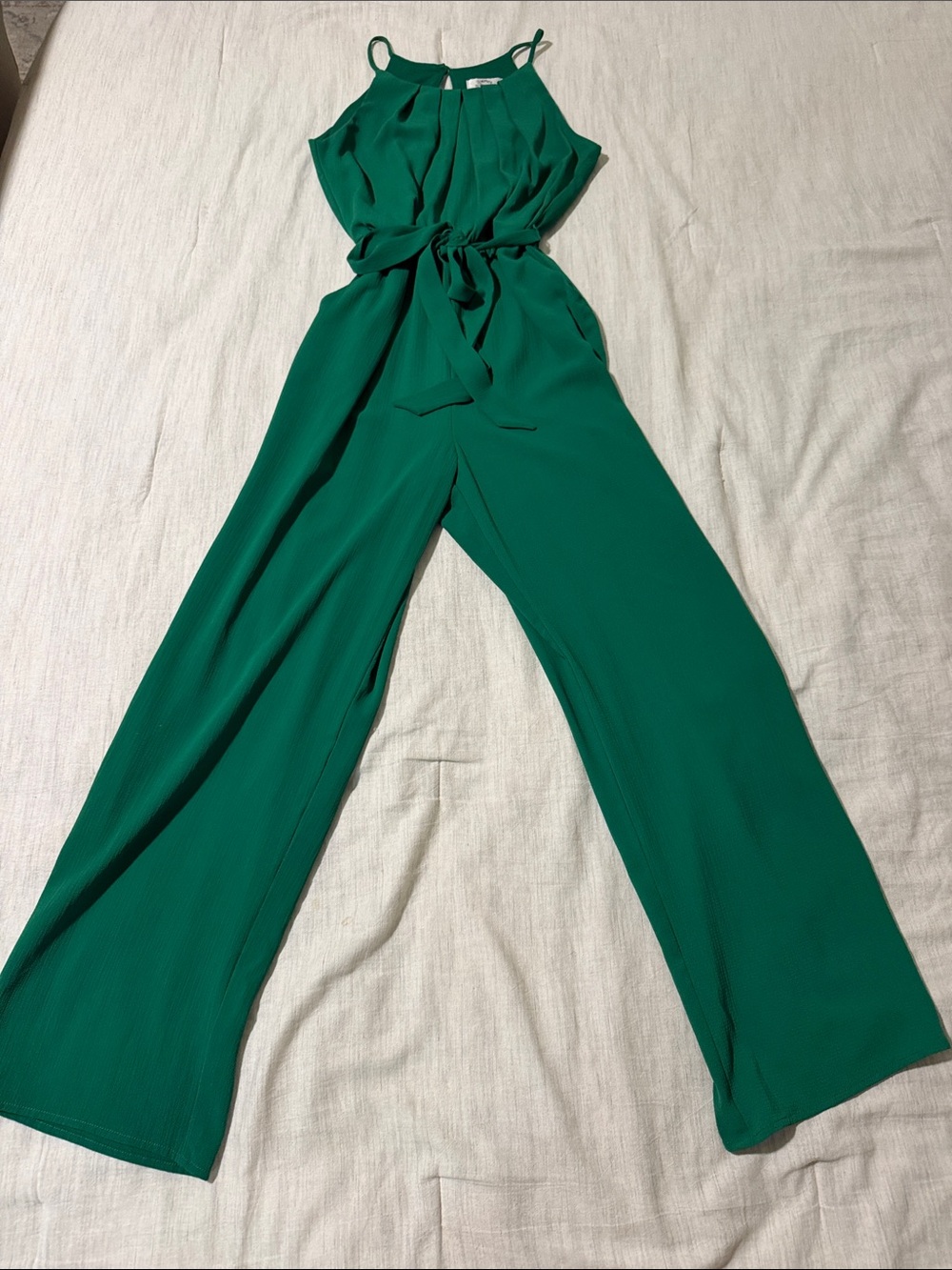 Sweet Storm Emerald Green Halter Self-Tie Wide-Leg Jumpsuit